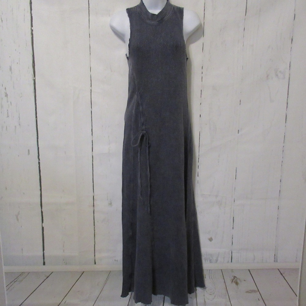 Free People One Natasha Maxi Dress S Blue Waffle Knit Thermal Ruched Sleeveless